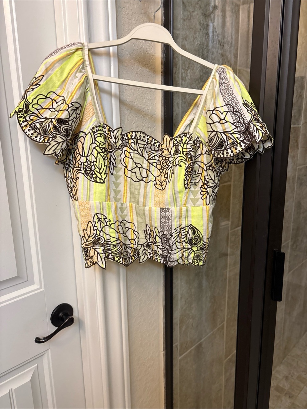 Anthropologie Yellow and White Floral Embroidered Puff-Sleeve Top
